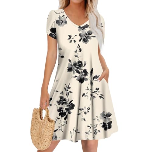 Ansenesna Sommerkleider Damen Leicht Und Luftig Damen Kleider Sommer Kurz Elegant Sommerkleid mit Taschen A Linie Tshirt Kleid Frauen V Ausschnitt Blumen Damenkleider Vintage Shirtkleid von Ansenesna