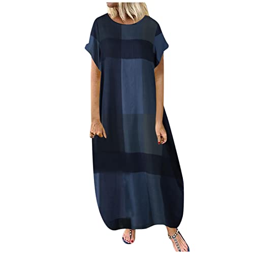 Ansenesna Sommerkleider Damen Leicht Und Luftig Damen Kleider Sommer Lang Elegant Sommerkleid Kariert Musselin Kleid Frauen A Linie Maxikleider Kurzarm Leichte Damenkleider von Ansenesna