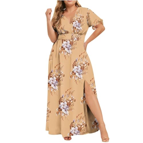 Ansenesna Sommerkleider Damen Leicht Und Luftig Große Größen Kleider Sommer Lang Elegant Sommerkleid mit Schlitz Blumen Kleid Für Mollige Frauen V Ausschnitt Maxikleider A Linie Blumenkleid von Ansenesna