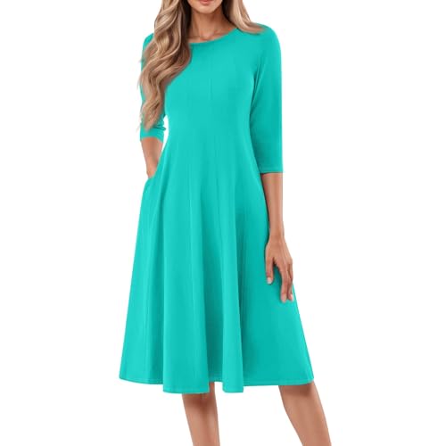 Ansenesna Sommerkleider Damen Leicht Und Luftig Kleider Damen Sommer Knielang Elegant Sommerkleid mit Taschen 3/4 Ärmel Kleid Frauen A Linie Plissee Damenkleider Einfarbig Stretch Midikleid von Ansenesna