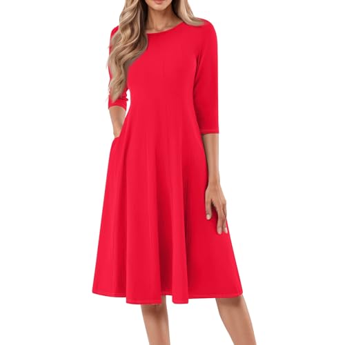 Ansenesna Sommerkleider Damen Leicht Und Luftig Kleider Damen Sommer Knielang Elegant Sommerkleid mit Taschen 3/4 Ärmel Kleid Frauen A Linie Plissee Damenkleider Einfarbig Stretch Midikleid von Ansenesna