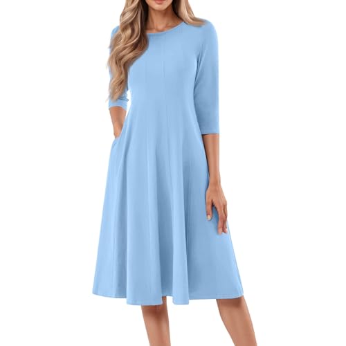 Ansenesna Sommerkleider Damen Leicht Und Luftig Kleider Damen Sommer Knielang Elegant Sommerkleid mit Taschen A Linie Plissee Kleid Frauen 3/4 Ärmel Einfarbig Damenkleider Stretch Midikleid von Ansenesna