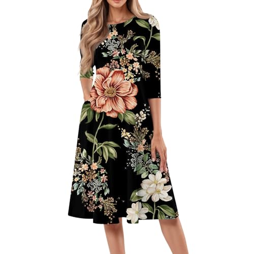 Ansenesna Sommerkleider Damen Leicht Und Luftig Kleider Damen Sommer mit Taschen A Linie Sommerkleid Knielang Elegant Blumen Kleid Frauen 3/4 Ärmel Plissee Damenkleider Stretch Blumenkleid von Ansenesna