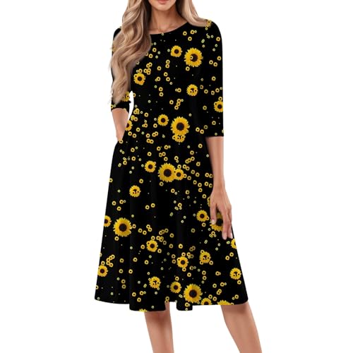 Ansenesna Sommerkleider Damen Leicht Und Luftig Kleider Damen Sommer mit Taschen A Linie Sommerkleid Knielang Elegant Blumen Kleid Frauen 3/4 Ärmel Plissee Damenkleider Stretch Blumenkleid von Ansenesna