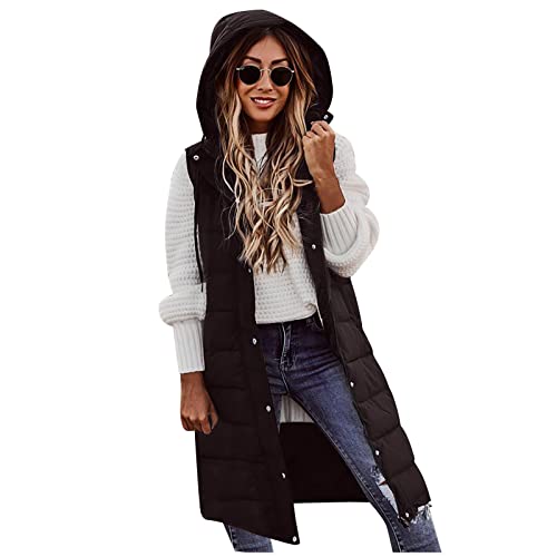 Ansenesna Steppweste Damen Lang Mit Kapuze Lange Weste Damen Ärmellos Winter Longweste Elegant Winterjacke Frauen Warm Wintermantel mit Reissverschluss Knöpfen Stepp Damen-Jacken von Ansenesna