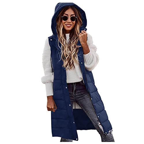 Ansenesna Steppweste Damen Lang Mit Kapuze Lange Weste Damen Ärmellos Winter Longweste Elegant Winterjacke Frauen Warm Wintermantel mit Reissverschluss Knöpfen Stepp Damen-Jacken von Ansenesna