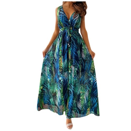 Ansenesna Strandkleid Damen Blumen Lang Leichte Sommerkleider Damen V Ausschnitt Elegant Kleider Frauen Sommer Hawaii Maxikleider Ärmellos Luftige Sommerkleid Blumenmuster von Ansenesna