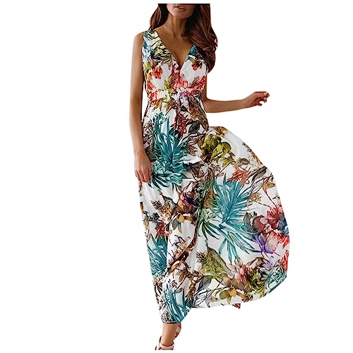 Ansenesna Strandkleid Damen Blumen Lang Leichte Sommerkleider Damen V Ausschnitt Elegant Kleider Frauen Sommer Hawaii Maxikleider Ärmellos Luftige Sommerkleid Blumenmuster von Ansenesna