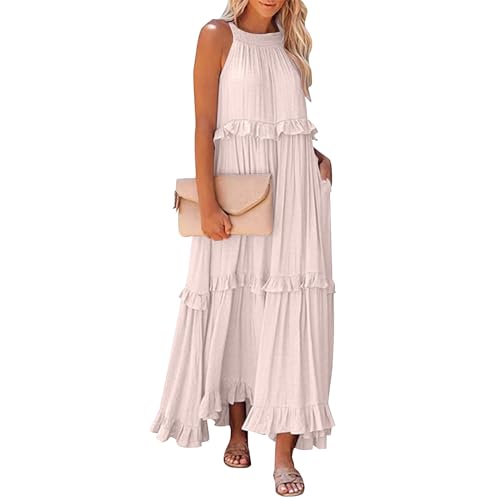Ansenesna Strandkleid Damen Lang Sommer Sommerkleid Damen Elegant Maxikleid Rüschen Sommerkleider Leicht und Luftig Strand Kleider Frauen Maxi Ärmellos Kleid Locker Einfarbig Damenkleider von Ansenesna