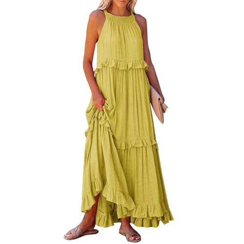 Ansenesna Strandkleid Damen Lang Sommer Sommerkleid Damen Elegant Maxikleid Rüschen Sommerkleider Leicht und Luftig Strand Kleider Frauen Maxi Ärmellos Kleid Locker Einfarbig Damenkleider von Ansenesna