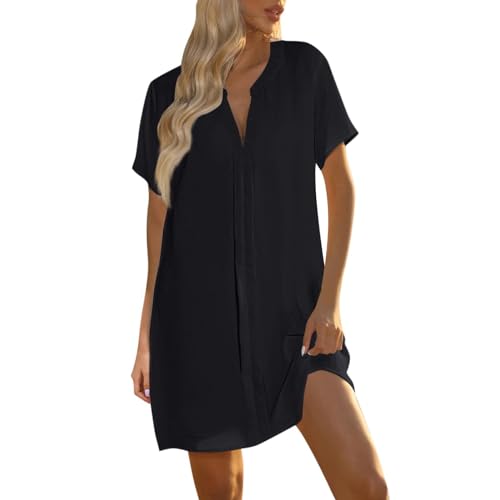 Ansenesna Strandkleid Damen Luftig Kurz Musselin Tunika Kleid Sommer V Ausschnitt Sommerkleider Damen Leicht Und Luftig Kleider Frauen Elegant Einfarbig Locker Sommerkleid Kurzarm Blusenkleid von Ansenesna