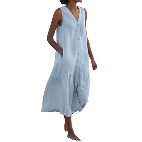 Ansenesna Strandkleid Damen V Ausschnitt Sommerkleid Mit Knöpfen Damen Wadenlang Kleider Damen Sommer Lang Luftige Sommerkleider Elegant Frauen Ärmellos Kleid Leicht Elegante Damenkleider von Ansenesna