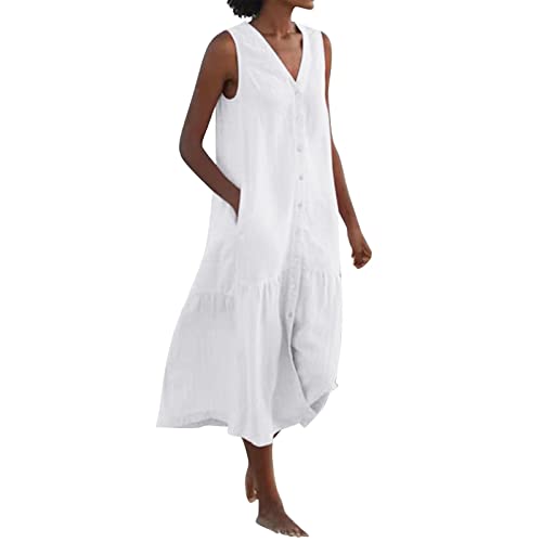 Ansenesna Strandkleid Damen V Ausschnitt Sommerkleid Mit Knöpfen Damen Wadenlang Kleider Damen Sommer Lang Luftige Sommerkleider Elegant Frauen Ärmellos Kleid Leicht Elegante Damenkleider von Ansenesna