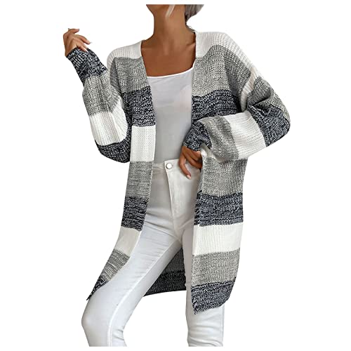 Ansenesna Strickjacke Damen Lang Grobstrick Streifen Lange Strickjacken Elegant Frauen Cardigan Mit Schalkragen Gestreift Strickmantel Damen Dicker Strick Longstrickjacke Warm Winter Trachtenjacke von Ansenesna