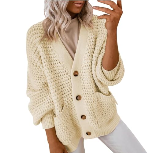 Ansenesna Strickjacke Damen Mit Knöpfen Winter Warm Dicke Strickjacken Für Damen Grobstrick Zopfmuster Trachten Grobstrickjacke Frauen Elegant Warme Strickmantel Dicker Strick Cardigan von Ansenesna