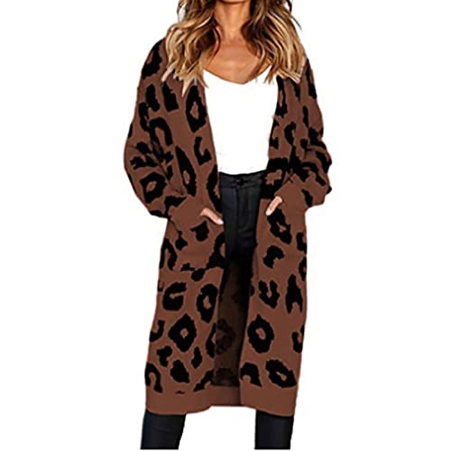 Ansenesna Strickjacke Leopardenmuster Damen Grobstrick Lang Warm Strickjacken Leopard Frauen Cardigan Mit Schalkragen Lange Strickmantel Damen Dicke Strick Longstrickjacke Elegant Winter Mantel von Ansenesna