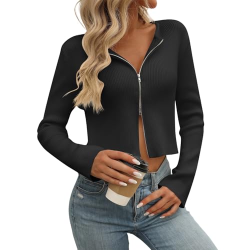 Ansenesna Strickjacke Mit Reissverschluss Damen Kurz Winter Dicke Pullover & Strickjacken Für Damen Bauchfrei Warm Feinstrick Winterpullover Frauen Elegant Cropped Winterpulli Langarm Pulli von Ansenesna