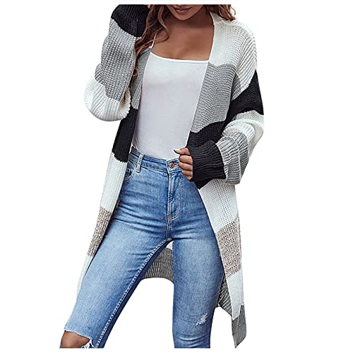 Ansenesna Strickjacke Streifen Damen Lang Grobstrick Lange Strickjacken Elegant Frauen Cardigan Mit Schalkragen Gestreift Strickmantel Damen Dicker Strick Longstrickjacke Winter Warm Trachtenjacke von Ansenesna