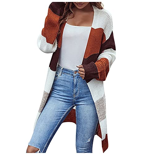 Ansenesna Strickjacke Streifen Damen Lang Grobstrick Lange Strickjacken Elegant Frauen Cardigan Mit Schalkragen Gestreift Strickmantel Damen Dicker Strick Longstrickjacke Winter Warm Trachtenjacke von Ansenesna