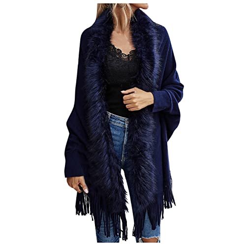 Ansenesna Strickjacken für Damen Lang Poncho Damen Winter Mit Fell Strickjacke Warm Fellkragen Strickmantel Frauen Feinstrick Quasten Cardigan Mit Schalkragen von Ansenesna