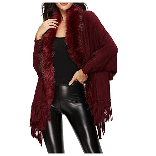 Ansenesna Strickjacken für Damen Lang Poncho Damen Winter Mit Fell Strickjacke Warm Fellkragen Strickmantel Frauen Feinstrick Quasten Cardigan Mit Schalkragen von Ansenesna