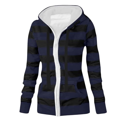 Ansenesna Sweatjacke Damen Mit Kapuze Oversize Gestreift Winterjacke Damen Elegant Streifen Wintermantel Frauen Sportlich mit Reissverschluss Mantel Winter Einfarbig Damen-Jacken Damenmantel von Ansenesna
