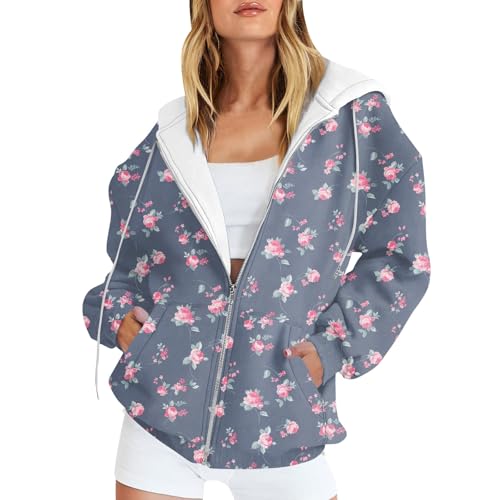 Ansenesna Sweatjacke Damen Mit Kapuze Oversize Winterjacke Damen Sportlich Elegant Wintermantel Frauen mit Reissverschluss Blumen Damen-Jacken Winter Langarm Zipper Mantel Aufdruck Damenmantel von Ansenesna