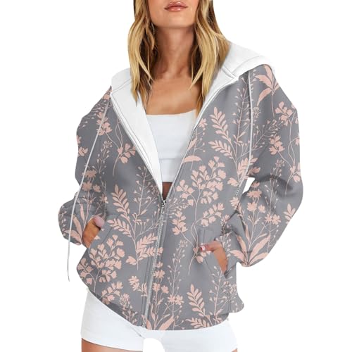 Ansenesna Sweatjacke Damen Mit Kapuze Oversize Winterjacke Damen Sportlich Elegant Wintermantel Frauen mit Reissverschluss Blumen Damen-Jacken Winter Langarm Zipper Mantel Aufdruck Damenmantel von Ansenesna