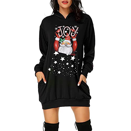 Ansenesna Sweatkleid Mit Kapuze Damen Weihnachten Langarm Hoodie Pulloverkleid Damen Christmas Winter Hoodie Kleid Damen Muster Weihnachtskleid Frauen Hoodiekleider von Ansenesna