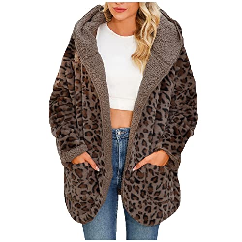Teddy Fleecejacke Leopardenmuster Damen Lang Mit Kapuze Teddyjacke Damen Wolle Flauschig Winterjacke Frauen Warm Gefüttert Fleece Teddyfleece Mantel Plüsch Teddyfell Plüschjacke von Ansenesna