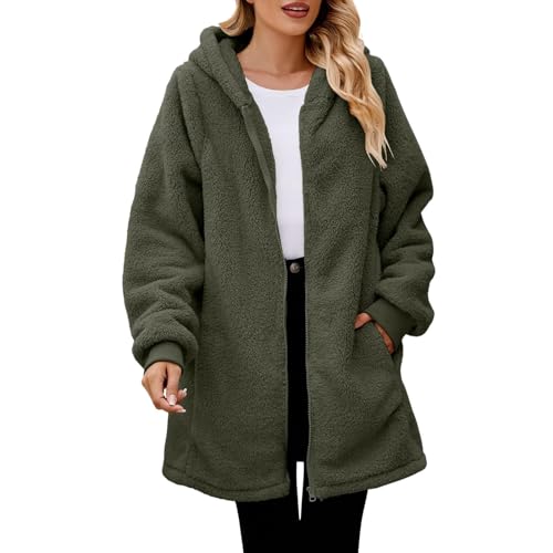 Ansenesna Teddyjacke Damen Lang Mit Kapuze Flauschig Winterjacke Damen Warm Gefüttert Lange Wintermantel Frauen Elegant Fleece Teddy Fleecejacke mit Reissverschluss Damen-Jacken Plüsch Mantel von Ansenesna