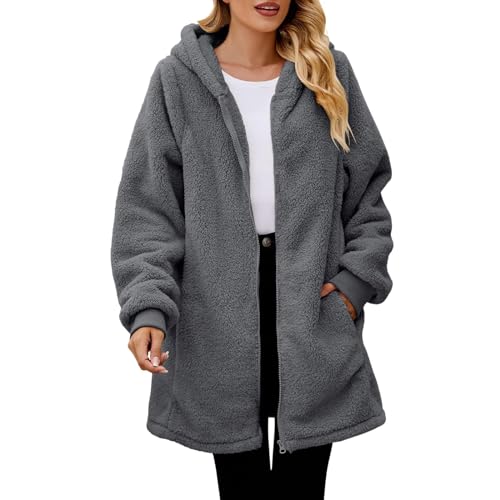 Ansenesna Teddyjacke Damen Lang Mit Kapuze Flauschig Winterjacke Damen Warm Gefüttert Lange Wintermantel Frauen Elegant Fleece Teddy Fleecejacke mit Reissverschluss Damen-Jacken Plüsch Mantel von Ansenesna