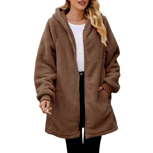 Ansenesna Teddyjacke Damen Lang Mit Kapuze Flauschig Winterjacke Damen Warm Gefüttert Lange Wintermantel Frauen Elegant Fleece Teddy Fleecejacke mit Reissverschluss Damen-Jacken Plüsch Mantel von Ansenesna