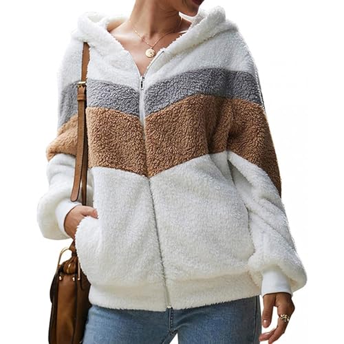 Ansenesna Teddyjacke Damen Mit Kapuze Flauschig Winterjacke Damen Gefüttert Teddyfleece Warm Wintermantel Elegant Plüsch Mantel Frauen Winter Teddy Fleecejacke Reissverschluss Teddyfell Jacke von Ansenesna