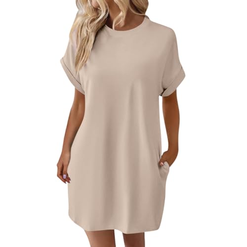 Ansenesna Tunika Kleid Damen Kurz Tshirt Kleider Damen Sommer Elegant Luftige Sommerkleider Leicht Locker Sommerkleid mit Taschen Frauen Weite Leichte Blusenkleid Einfarbig Strand Shirtkleid von Ansenesna