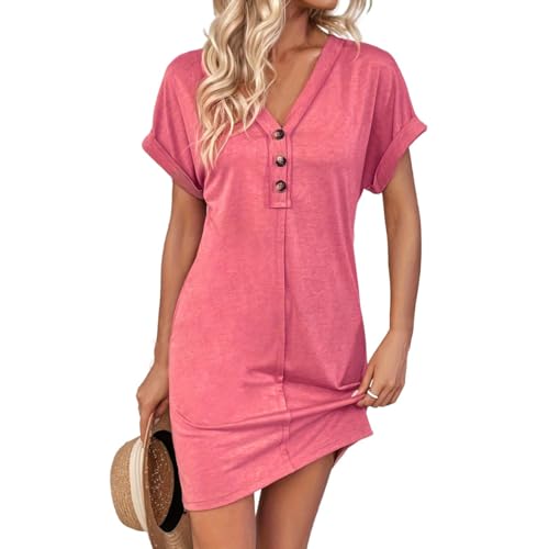 Ansenesna Tunika Kleid Damen Sommer Kurz Blusenkleid Damen Elegant Sommerkleid mit Knopfleiste Sommerkleider Damen Leicht Und Luftig Tshirt Kleid Frauen V Ausschnitt Damenkleider Einfarbig von Ansenesna