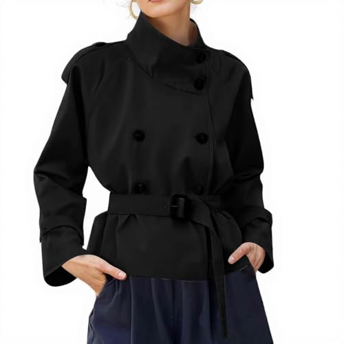 Ansenesna Übergangsjacke Damen Elegant Trenchcoat Kurz Mit Gürtel Wintermantel Ohne Kapuze Stehkragen Jacke Mantel Frauen Vintage Zweireihig Herbstjacke Kurzmantel Übergang Damen-Mäntel von Ansenesna
