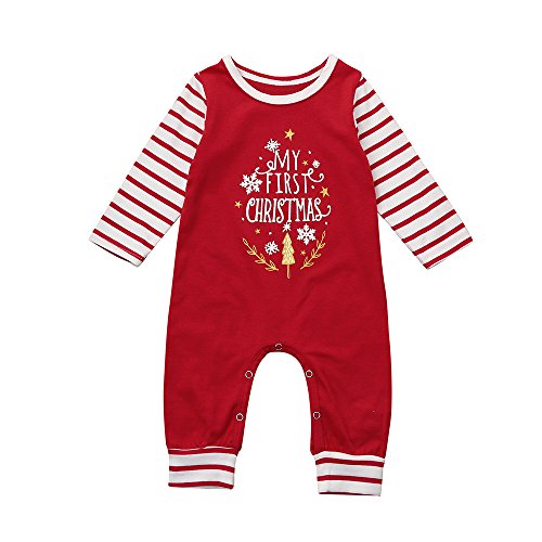 Ansenesna Weihnachten Kostüm Baby Mädchen Jungs Strampler Weihnachts Kleidung Overall Langarm Streifen Baumwolle Outfit (80, Rot) von Ansenesna