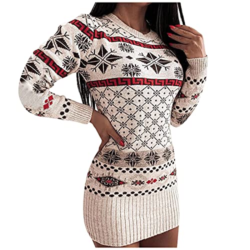 Ansenesna Weihnachten Strickkleid Damen Langarm Schneeflocke Drucke Elegant Winter Pullover Kleid Frauen Kurz Eng Feinstrick Strick Kleider von Ansenesna