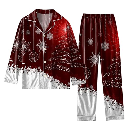 Ansenesna Weihnachts Pyjama Damen Lang Lustige Motive Weihnachtspyjama Damen mit Knopfleiste Matching Christmas Pyjamas Weihnachten Xmas Schlafanzug Zweiteiler Hausanzug Kuschelig Elegant von Ansenesna