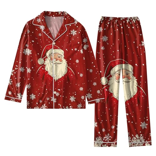 Ansenesna Weihnachts Pyjama Damen Lang Lustige Motive Weihnachtspyjama Damen mit Knopfleiste Matching Christmas Pyjamas Weihnachten Xmas Schlafanzug Zweiteiler Hausanzug Kuschelig Elegant von Ansenesna