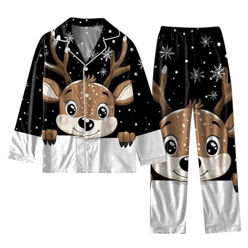 Ansenesna Weihnachts Pyjama Damen Lang Lustige Motive Weihnachtspyjama Damen mit Knopfleiste Matching Christmas Pyjamas Weihnachten Xmas Schlafanzug Zweiteiler Hausanzug Kuschelig Elegant von Ansenesna