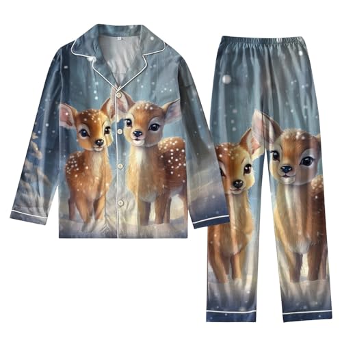 Ansenesna Weihnachts Pyjama Damen Lang Lustige Motive Weihnachtspyjama Damen mit Knopfleiste Matching Christmas Pyjamas Weihnachten Xmas Schlafanzug Zweiteiler Hausanzug Kuschelig Elegant von Ansenesna