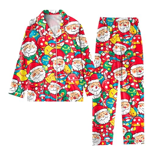 Ansenesna Weihnachts Pyjama Damen Lang Weihnachtspyjama Damen Rot Mit Knopfleiste Kuschelig Schlafanzug Weihnachten Frauen Lustige Motive Zweiteiler Hausanzug Winter Elegant Christmas Pyjama von Ansenesna