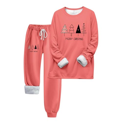 Ansenesna Weihnachtspyjama Damen Lang Kuschelig Warm Winter Weihnachts Pyjama Damen Fleece Gefütterte Schlafanzug Weihnachten Frauen mit Bündchen Zweiteiler Hausanzug Warmer Christmas Pyjama von Ansenesna