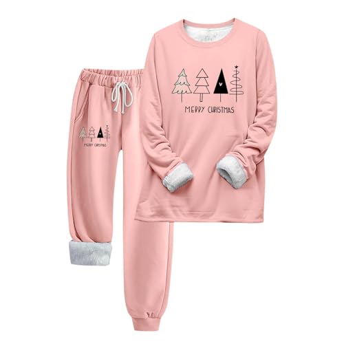 Ansenesna Weihnachtspyjama Damen Lang Kuschelig Warm Winter Weihnachts Pyjama Damen Fleece Gefütterte Schlafanzug Weihnachten Frauen mit Bündchen Zweiteiler Hausanzug Warmer Christmas Pyjama von Ansenesna