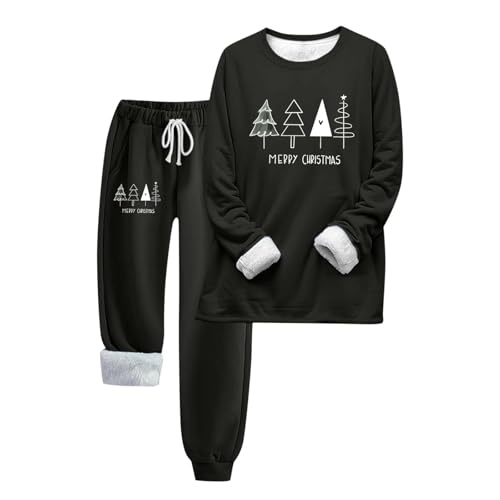 Ansenesna Weihnachtspyjama Damen Lang Kuschelig Warm Winter Weihnachts Pyjama Damen Fleece Gefütterte Schlafanzug Weihnachten Frauen mit Bündchen Zweiteiler Hausanzug Warmer Christmas Pyjama von Ansenesna