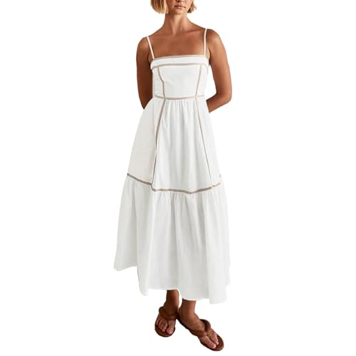 Ansenesna Weiße Sommerkleider Damen Spaghettiträger Sommerkleid Damen Leicht Elegant Kleider Sommer Wadenlang A Linie Midi Kleid Luftige Strandkleid Träger Damenkleider Trägerkleid von Ansenesna