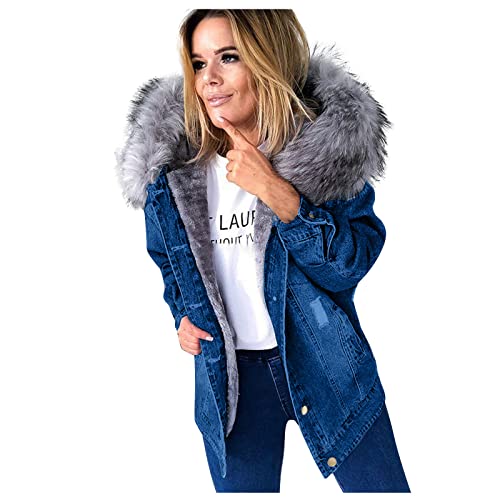 Ansenesna Winterjacke Damen Jeans Mit Fell Gefüttert Jeansjacke Damen Mit Kapuze Fellkapuze Winter Warme Mäntel Frauen Innenfutter Dicker Stoff Jacken von Ansenesna