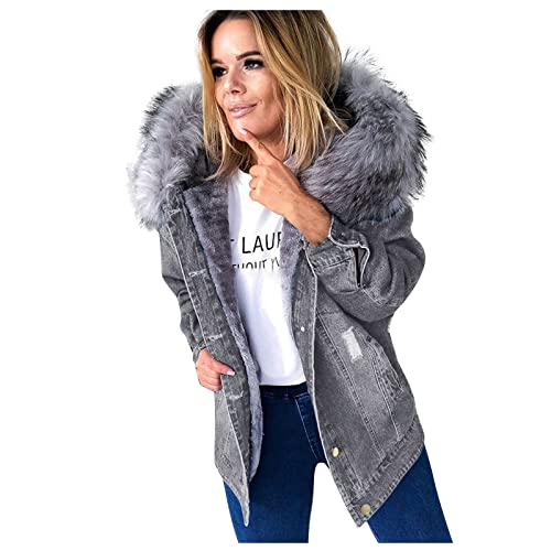 Ansenesna Winterjacke Damen Jeans Mit Fell Gefüttert Jeansjacke Damen Mit Kapuze Fellkapuze Winter Warme Mäntel Frauen Innenfutter Dicker Stoff Jacken von Ansenesna